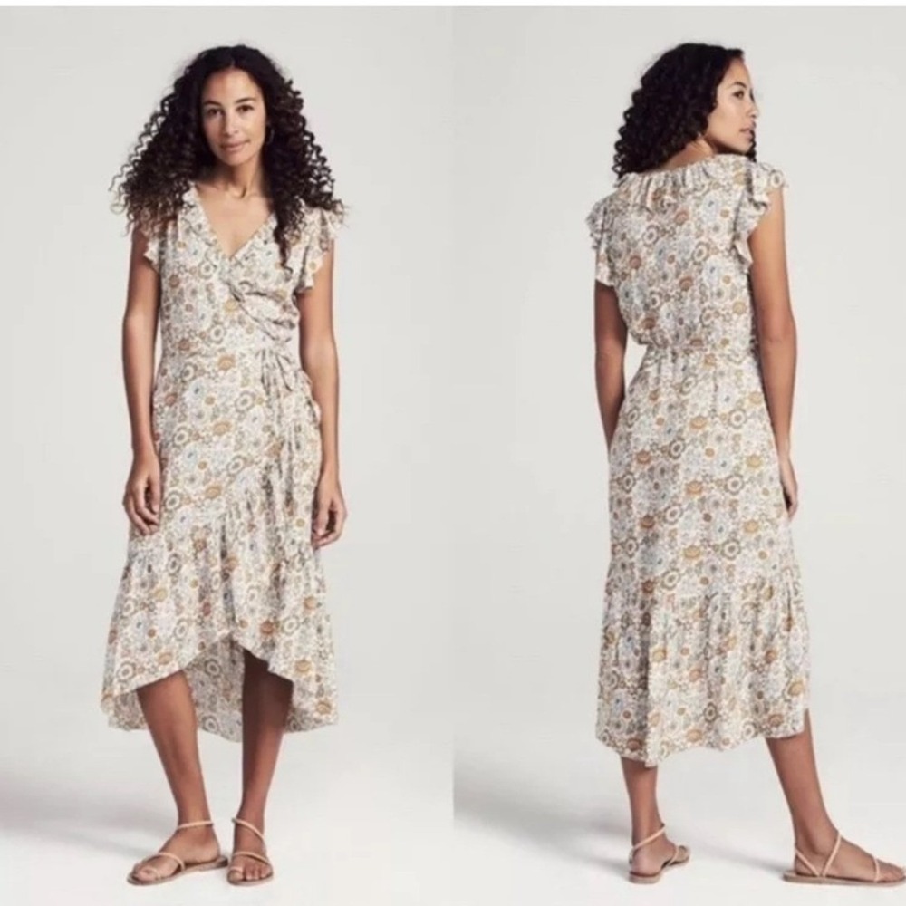 Faherty Floral Print Ruffle Sleeve Carmen Wrap Midi Dress Size Small Cottagecore - Picture 15 of 15
